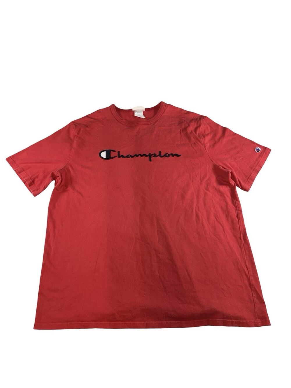Champion Men’s 2XL Red Script Logo T-Shirt Spellout Sleeve Patch